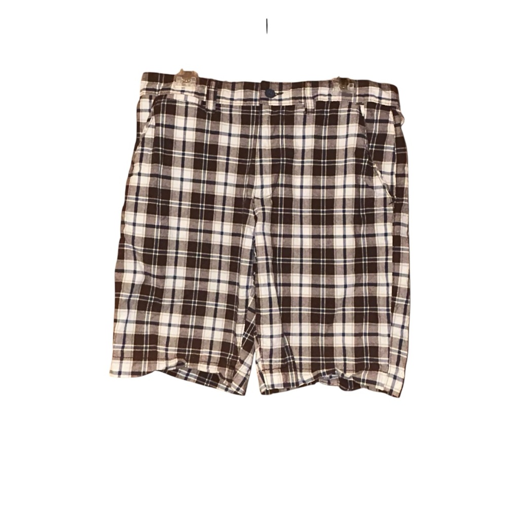 Sonoma Mens Plaid Shorts 34 Brown Blue White Cotton Casual Flat‎ Front Preppy